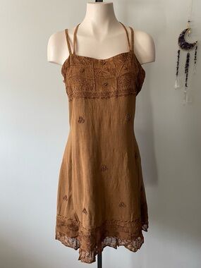 90s Y2K Vintage Embroidered Boho Whimsigoth Indie Sleeze Dress Rayon Earthy